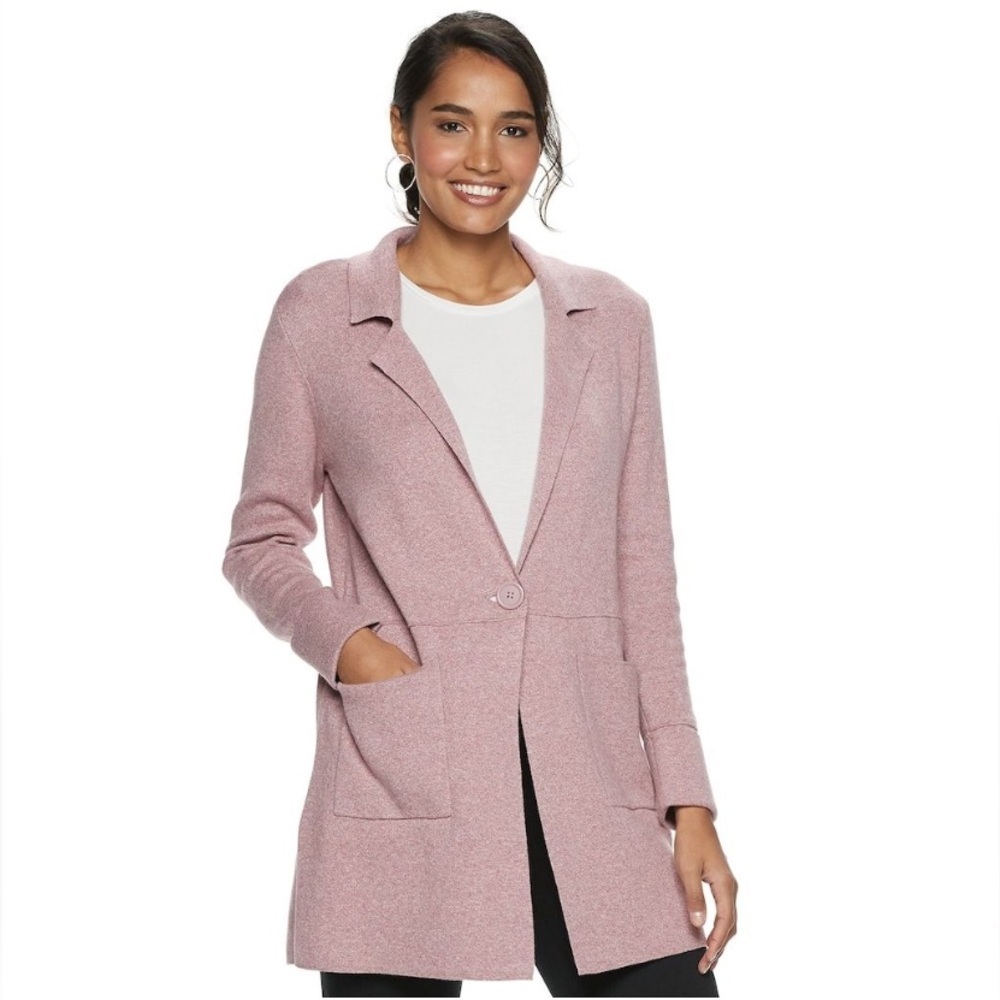 ELLE Sweater Jacket Collared V Neck Pockets Heathered Raspberry Pink Women L